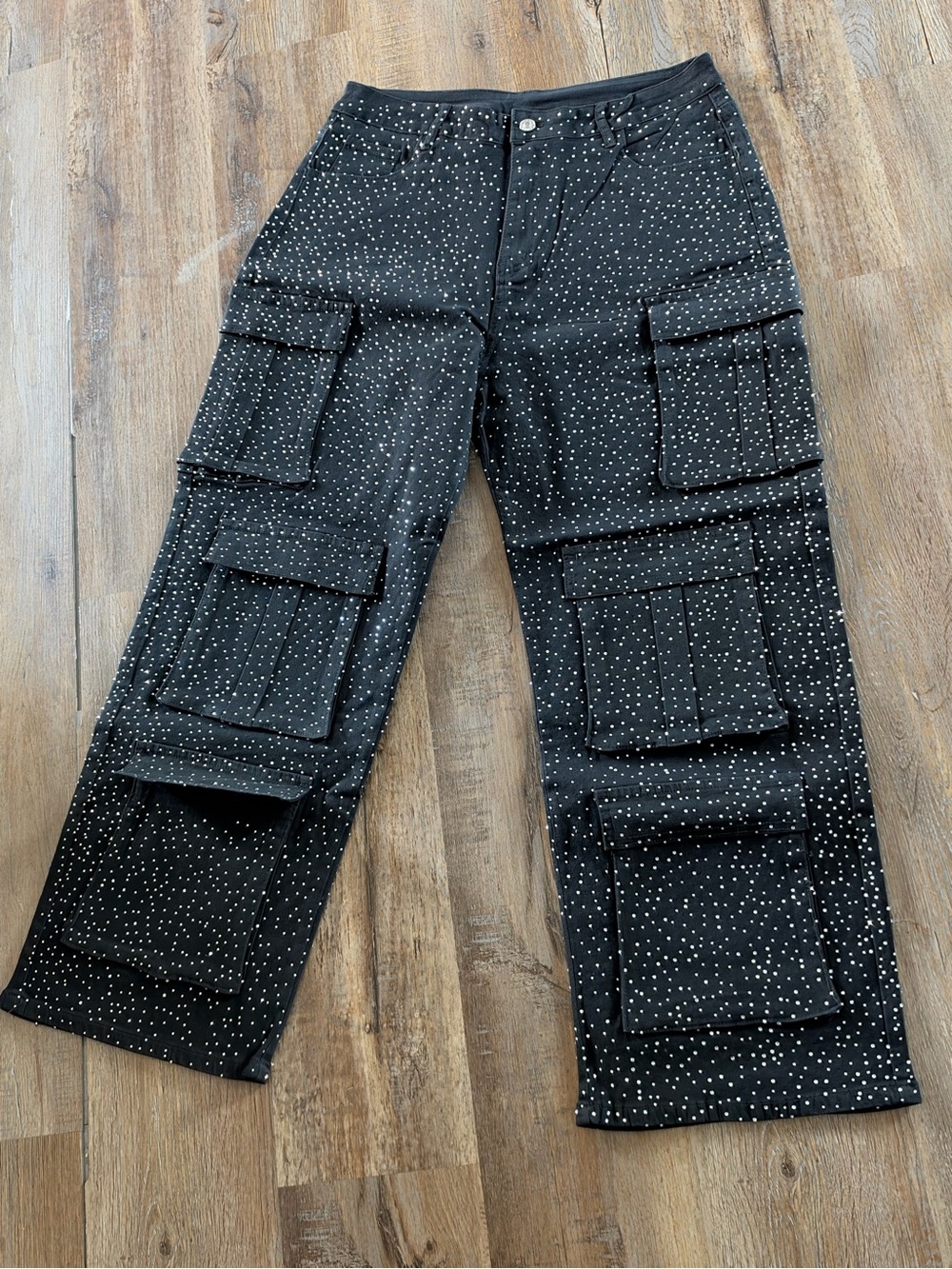 Black Wide-Leg Cargo Jeans with clear rhinestones- Women